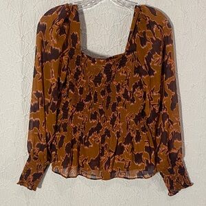 Nine West Brown Rust & Pink Smocked Peasant Blouse Playful Romantic Hippie Chic